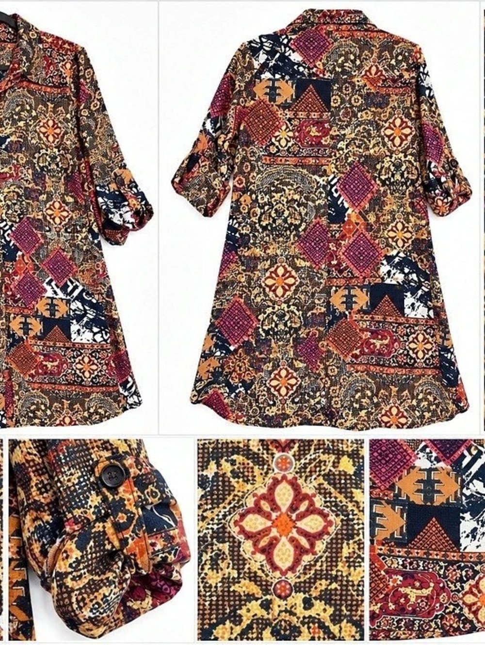 Cupio Women’s Large Tunic Shirt Dress Multicolor Boho Geometric Roll Tab Sleeve